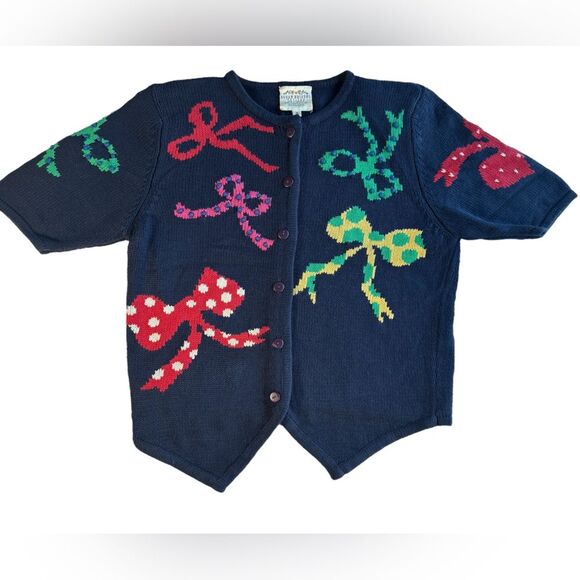 Susan Bristol Vintage 1991 bows short sleeve sweater hand embroidered Size S - Picture 1 of 7